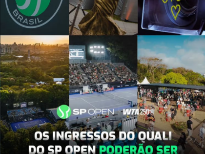 Colagem do SP Open com a logo do torneio, a estátua de Maria Esther Bueno, a arena e o público