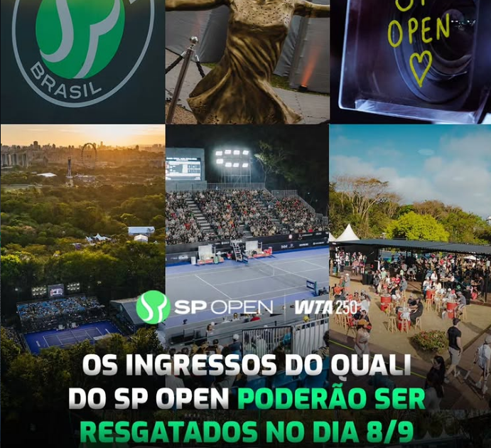 Colagem do SP Open com a logo do torneio, a estátua de Maria Esther Bueno, a arena e o público